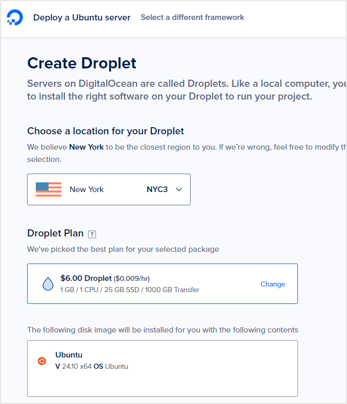 DigitalOcean Droplet 创建设置的屏幕截图
